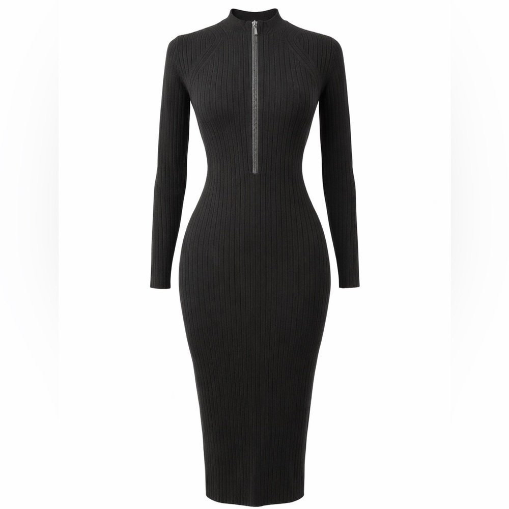 GUESS Ribbed Zip-Front Midi Dress – Black